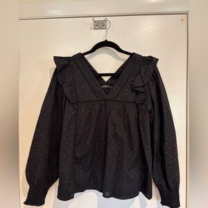 Madewell Black Long-Sleeve Ruffle V-Neck Blouse with Tan Dots